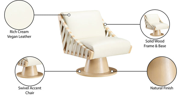 Meridian Furniture Millwin Art Deco Vegan Leather Swivel Accent Chair with Wood Base for Living Room Cream Style 1 33001Cream