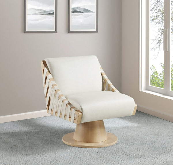 Meridian Furniture Millwin Art Deco Vegan Leather Swivel Accent Chair with Wood Base for Living Room Cream Style 1 33001Cream