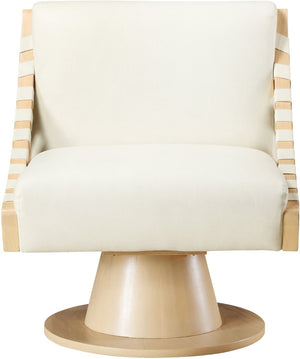 Meridian Furniture Millwin Art Deco Vegan Leather Swivel Accent Chair with Wood Base for Living Room Cream Style 1 33001Cream