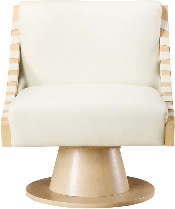 Meridian Furniture Millwin Art Deco Vegan Leather Swivel Accent Chair with Wood Base for Living Room Cream Style 1 33001Cream