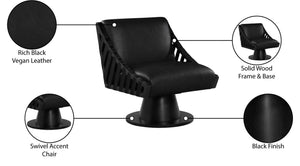 Meridian Furniture Millwin Art Deco Vegan Leather Swivel Accent Chair with Wood Base for Living Room Black Style 2 33002Black