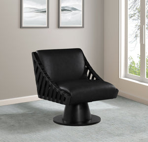 Meridian Furniture Millwin Art Deco Vegan Leather Swivel Accent Chair with Wood Base for Living Room Black Style 2 33002Black