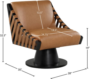 Meridian Furniture Millwin Art Deco Vegan Leather Swivel Accent Chair with Wood Base for Living Room Cognac Style 2 33002Cognac