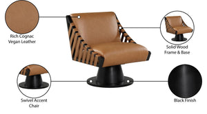 Meridian Furniture Millwin Art Deco Vegan Leather Swivel Accent Chair with Wood Base for Living Room Cognac Style 2 33002Cognac