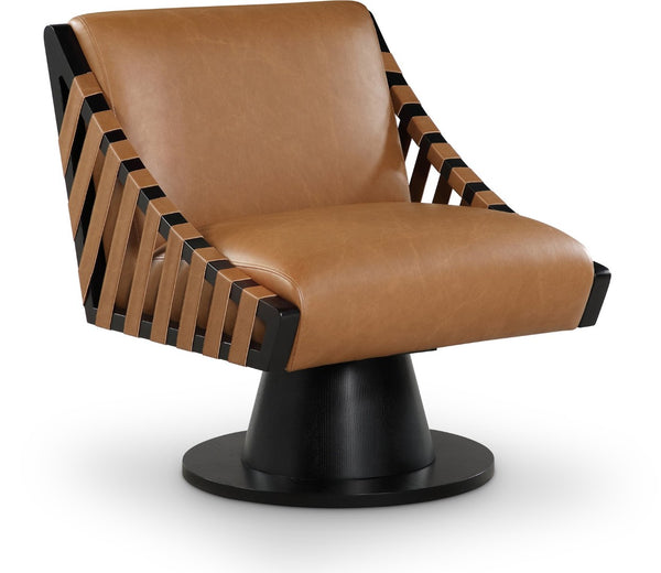 Meridian Furniture Millwin Art Deco Vegan Leather Swivel Accent Chair with Wood Base for Living Room Cognac Style 2 33002Cognac