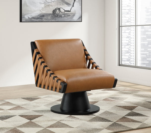 Meridian Furniture Millwin Art Deco Vegan Leather Swivel Accent Chair with Wood Base for Living Room Cognac Style 2 33002Cognac