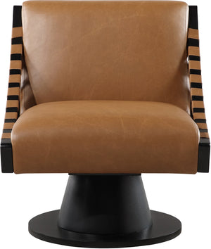 Meridian Furniture Millwin Art Deco Vegan Leather Swivel Accent Chair with Wood Base for Living Room Cognac Style 2 33002Cognac