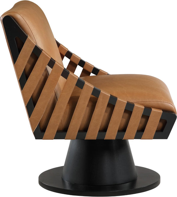 Meridian Furniture Millwin Art Deco Vegan Leather Swivel Accent Chair with Wood Base for Living Room Cognac Style 2 33002Cognac