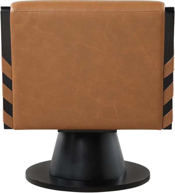 Meridian Furniture Millwin Art Deco Vegan Leather Swivel Accent Chair with Wood Base for Living Room Cognac Style 2 33002Cognac