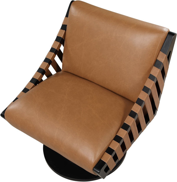 Meridian Furniture Millwin Art Deco Vegan Leather Swivel Accent Chair with Wood Base for Living Room Cognac Style 2 33002Cognac