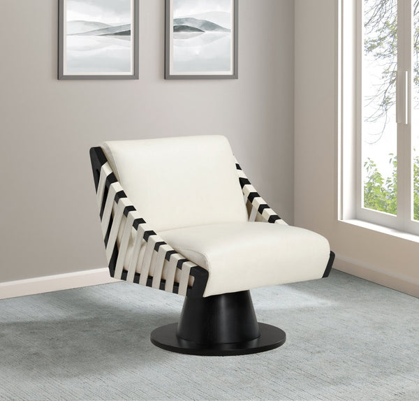 Meridian Furniture Millwin Art Deco Vegan Leather Swivel Accent Chair with Wood Base for Living Room Cream Style 2 33002Cream