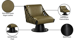 Meridian Furniture Millwin Art Deco Vegan Leather Swivel Accent Chair with Wood Base for Living Room Olive Style 2 33002Olive