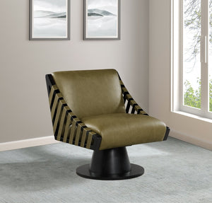 Meridian Furniture Millwin Art Deco Vegan Leather Swivel Accent Chair with Wood Base for Living Room Olive Style 2 33002Olive