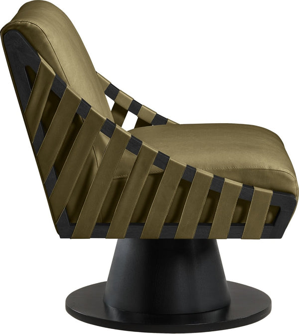 Meridian Furniture Millwin Art Deco Vegan Leather Swivel Accent Chair with Wood Base for Living Room Olive Style 2 33002Olive