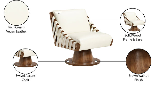 Meridian Furniture Millwin Art Deco Vegan Leather Swivel Accent Chair with Wood Base for Living Room Cream Style 3 33003Cream