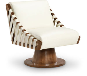 Meridian Furniture Millwin Art Deco Vegan Leather Swivel Accent Chair with Wood Base for Living Room Cream Style 3 33003Cream