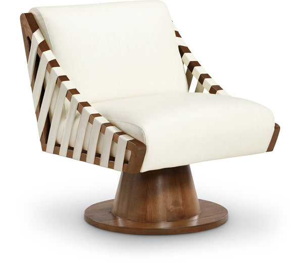 Meridian Furniture Millwin Art Deco Vegan Leather Swivel Accent Chair with Wood Base for Living Room Cream Style 3 33003Cream