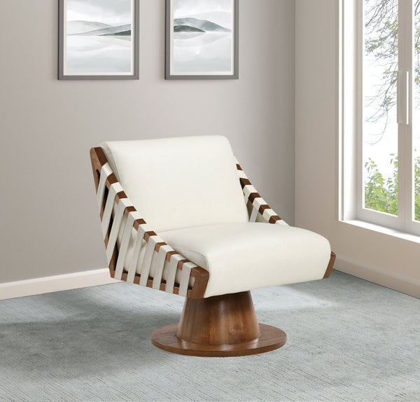 Meridian Furniture Millwin Art Deco Vegan Leather Swivel Accent Chair with Wood Base for Living Room Cream Style 3 33003Cream
