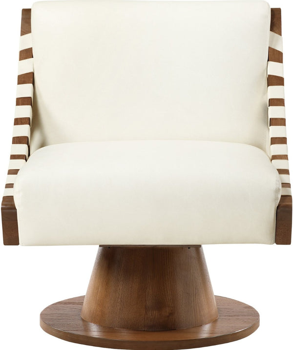 Meridian Furniture Millwin Art Deco Vegan Leather Swivel Accent Chair with Wood Base for Living Room Cream Style 3 33003Cream