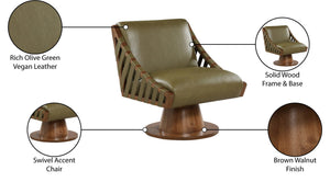 Meridian Furniture Millwin Art Deco Vegan Leather Swivel Accent Chair with Wood Base for Living Room Olive Style 3 33003Olive