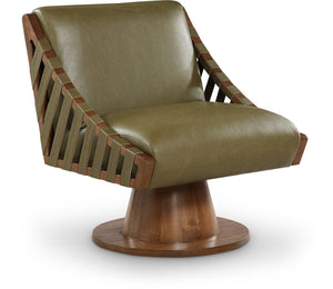 Meridian Furniture Millwin Art Deco Vegan Leather Swivel Accent Chair with Wood Base for Living Room Olive Style 3 33003Olive