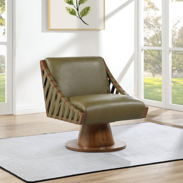 Meridian Furniture Millwin Art Deco Vegan Leather Swivel Accent Chair with Wood Base for Living Room Olive Style 3 33003Olive