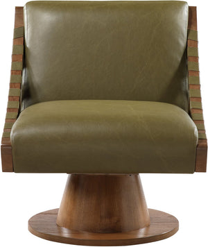 Meridian Furniture Millwin Art Deco Vegan Leather Swivel Accent Chair with Wood Base for Living Room Olive Style 3 33003Olive