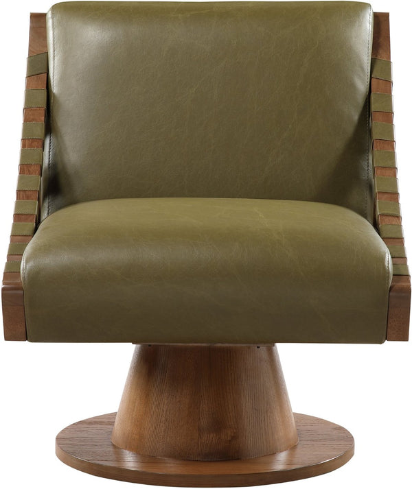 Meridian Furniture Millwin Art Deco Vegan Leather Swivel Accent Chair with Wood Base for Living Room Olive Style 3 33003Olive