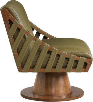 Meridian Furniture Millwin Art Deco Vegan Leather Swivel Accent Chair with Wood Base for Living Room Olive Style 3 33003Olive