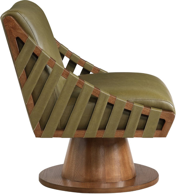 Meridian Furniture Millwin Art Deco Vegan Leather Swivel Accent Chair with Wood Base for Living Room Olive Style 3 33003Olive