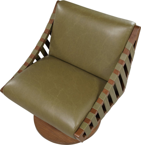 Meridian Furniture Millwin Art Deco Vegan Leather Swivel Accent Chair with Wood Base for Living Room Olive Style 3 33003Olive