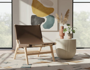 Meridian Furniture Rawlins Sling Accent Chair Vegan Leather Seat Ash Wood Frame Mid-century Modern Lounge Brown Style A 33004Brown-C