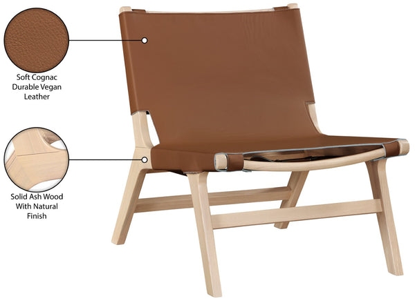 Meridian Furniture Rawlins Sling Accent Chair Vegan Leather Seat Ash Wood Frame Mid-century Modern Lounge Cognac Style A 33004Cognac-C