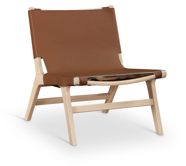 Meridian Furniture Rawlins Sling Accent Chair Vegan Leather Seat Ash Wood Frame Mid-century Modern Lounge Cognac Style A 33004Cognac-C