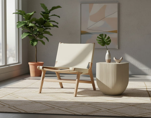 Meridian Furniture Rawlins Sling Accent Chair Vegan Leather Seat Ash Wood Frame Mid-century Modern Lounge Cream Style A 33004Cream-C
