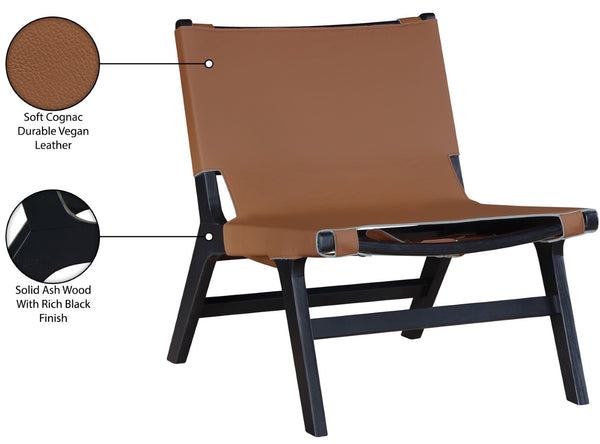 Meridian Furniture Rawlins Sling Accent Chair Vegan Leather Seat Ash Wood Frame Mid-century Modern Lounge Cognac Style B 33005Cognac-C