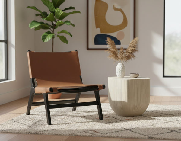 Meridian Furniture Rawlins Sling Accent Chair Vegan Leather Seat Ash Wood Frame Mid-century Modern Lounge Cognac Style B 33005Cognac-C