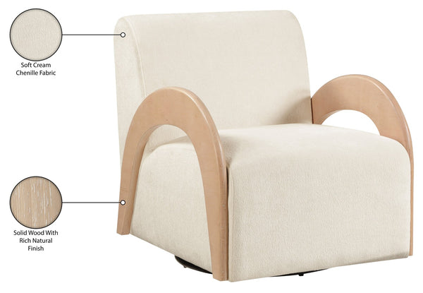 Meridian Furniture Neria Chenille Swivel Accent Chair with Walnut Arms Mid-century Style for Living Room Decor Cream - A 33007Cream