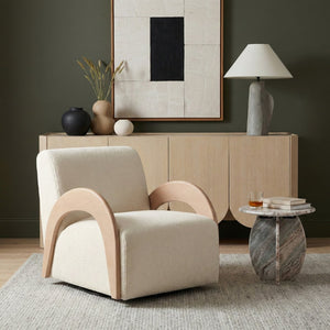 Meridian Furniture Neria Chenille Swivel Accent Chair with Walnut Arms Mid-century Style for Living Room Decor Cream - A 33007Cream