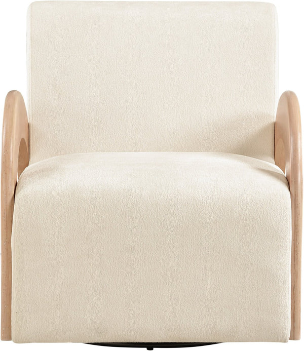 Meridian Furniture Neria Chenille Swivel Accent Chair with Walnut Arms Mid-century Style for Living Room Decor Cream - A 33007Cream