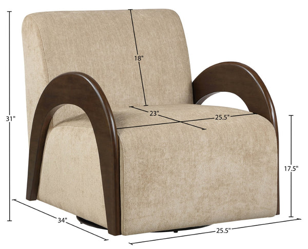 Meridian Furniture Neria Chenille Swivel Accent Chair with Walnut Arms Mid-century Style for Living Room Decor Beige 33008Beige