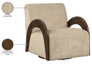 Meridian Furniture Neria Chenille Swivel Accent Chair with Walnut Arms Mid-century Style for Living Room Decor Beige 33008Beige