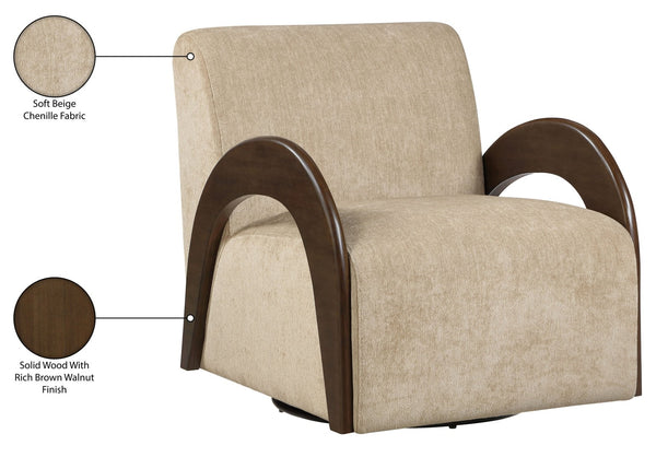 Meridian Furniture Neria Chenille Swivel Accent Chair with Walnut Arms Mid-century Style for Living Room Decor Beige 33008Beige