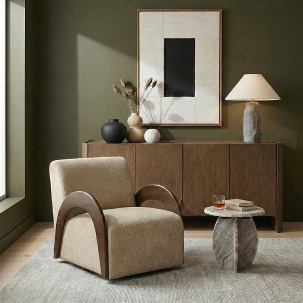 Meridian Furniture Neria Chenille Swivel Accent Chair with Walnut Arms Mid-century Style for Living Room Decor Beige 33008Beige