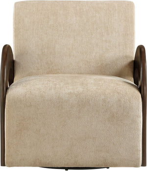 Meridian Furniture Neria Chenille Swivel Accent Chair with Walnut Arms Mid-century Style for Living Room Decor Beige 33008Beige