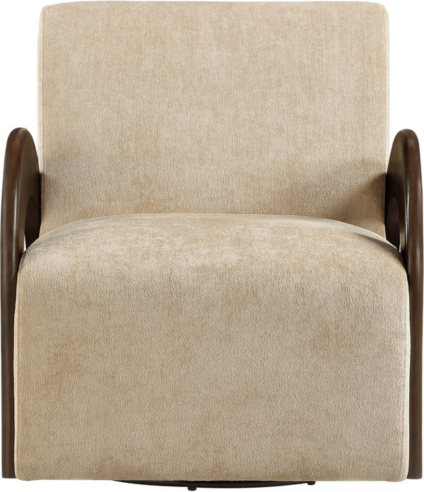 Meridian Furniture Neria Chenille Swivel Accent Chair with Walnut Arms Mid-century Style for Living Room Decor Beige 33008Beige