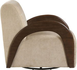 Meridian Furniture Neria Chenille Swivel Accent Chair with Walnut Arms Mid-century Style for Living Room Decor Beige 33008Beige