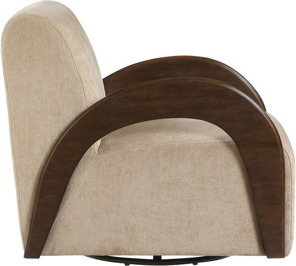 Meridian Furniture Neria Chenille Swivel Accent Chair with Walnut Arms Mid-century Style for Living Room Decor Beige 33008Beige