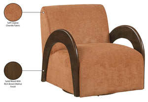 Meridian Furniture Neria Chenille Swivel Accent Chair with Walnut Arms Mid-century Style for Living Room Decor Cognac 33008Cognac