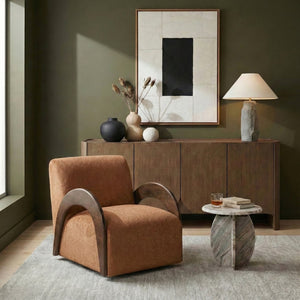 Meridian Furniture Neria Chenille Swivel Accent Chair with Walnut Arms Mid-century Style for Living Room Decor Cognac 33008Cognac